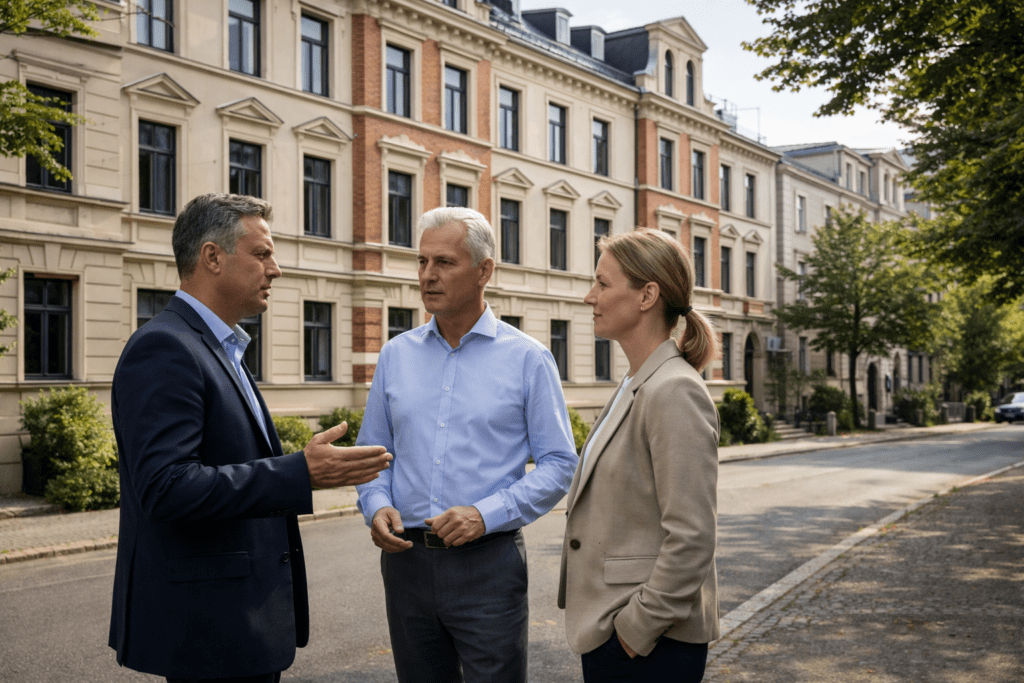 Eigentümergespräch vor einer Leipziger Gründerzeitimmobilie als Symbolbild für Sonderumlage und Beschlussfassung in der WEG