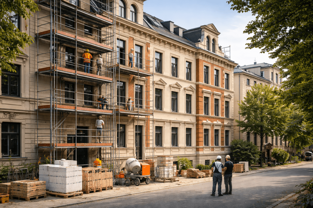 Sanierung einer Leipziger Gründerzeitimmobilie in einer Wohnungseigentümergemeinschaft mit Gerüst und geordneter Baustellensituation