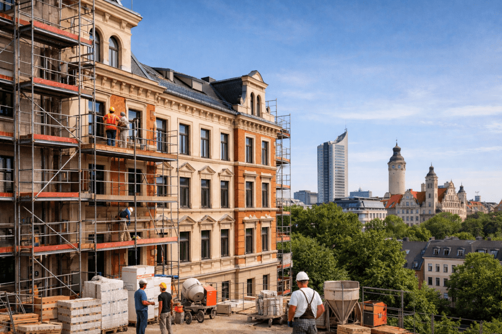 Sanierung einer Wohnungseigentumsanlage in Leipzig mit Gerüst, Handwerkern und modernisierter Gründerzeitfassade