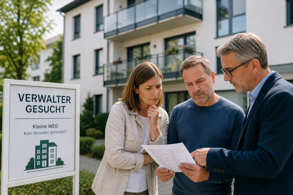Eigentümer einer kleinen WEG prüfen Unterlagen, nachdem kein Verwalter gefunden wurde