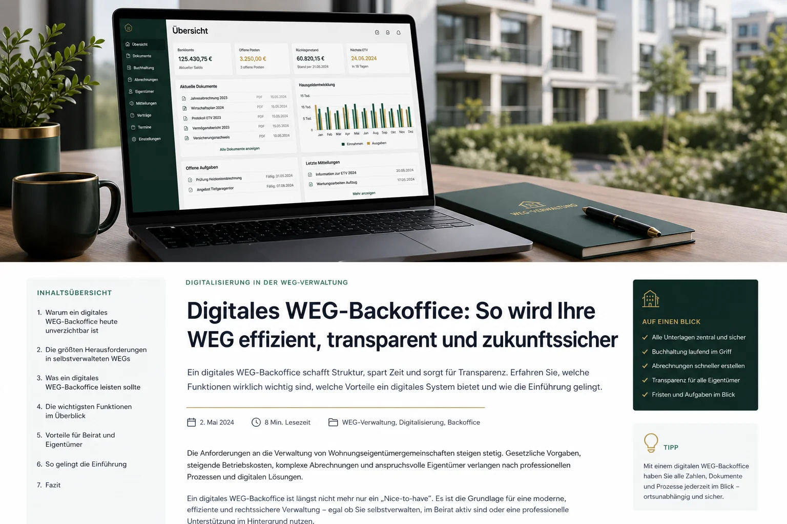 Selbstverwaltete WEG mit digitalem Eigentümerportal, Buchhaltung und Dokumentenarchiv